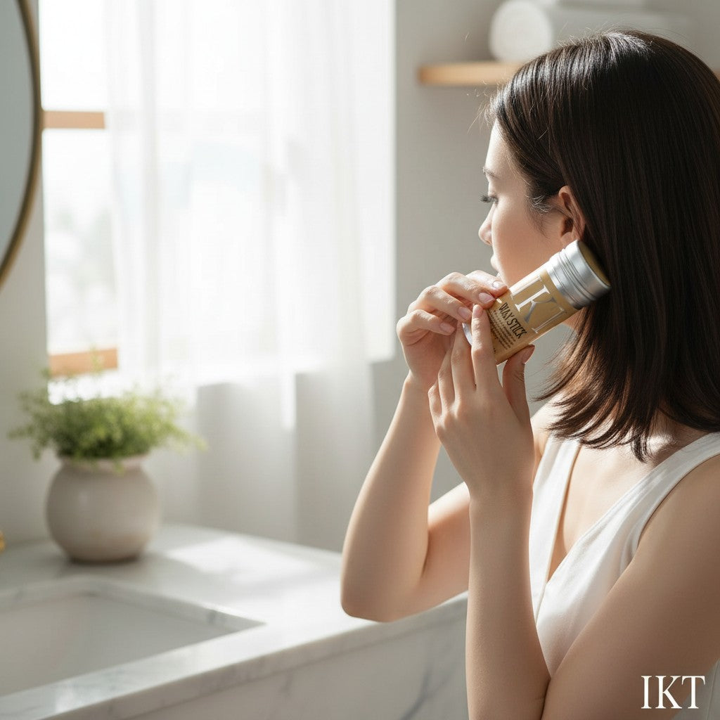 Nova Mart IKT hair wax stick being applied by a woman in a bright bathroom for smooth frizz-free styling