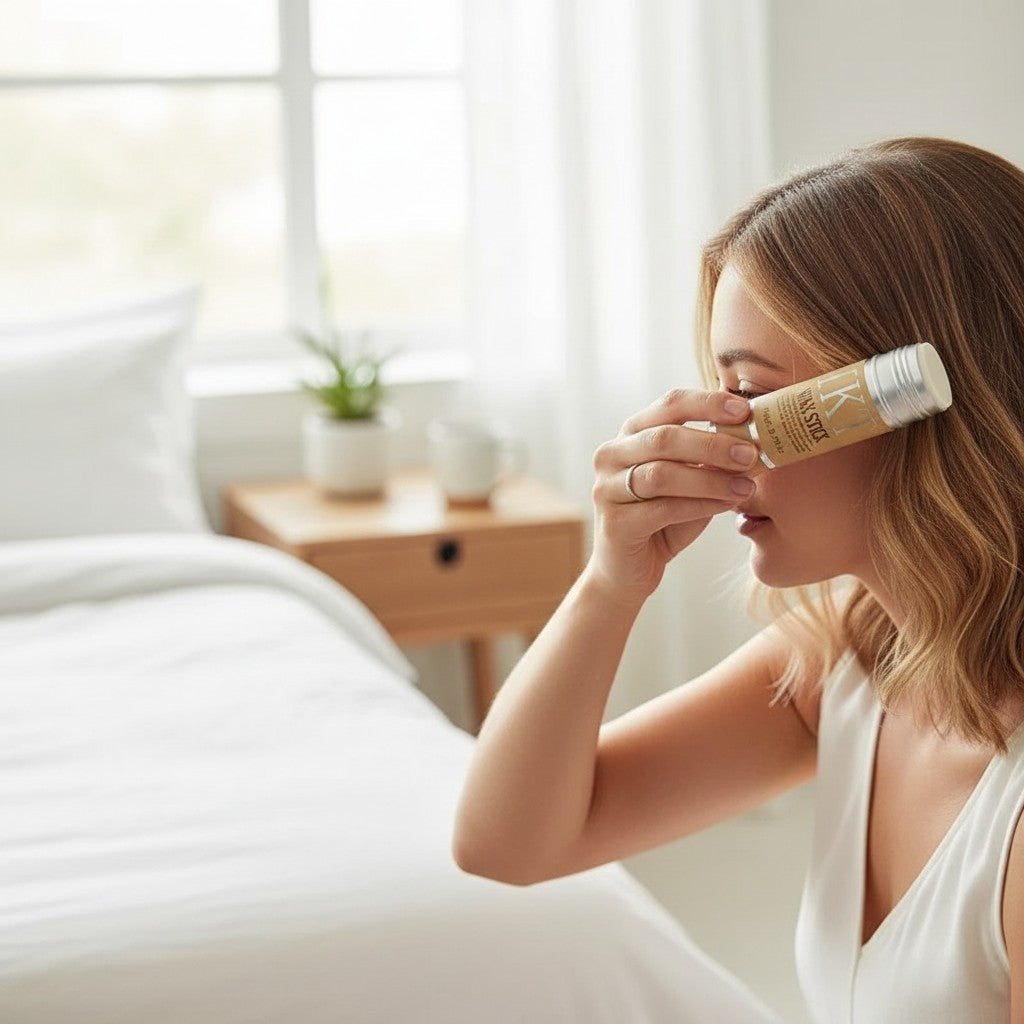 Nova Mart IKT hair wax stick being applied by a woman for sleek frizz control in a bright bedroom setting
