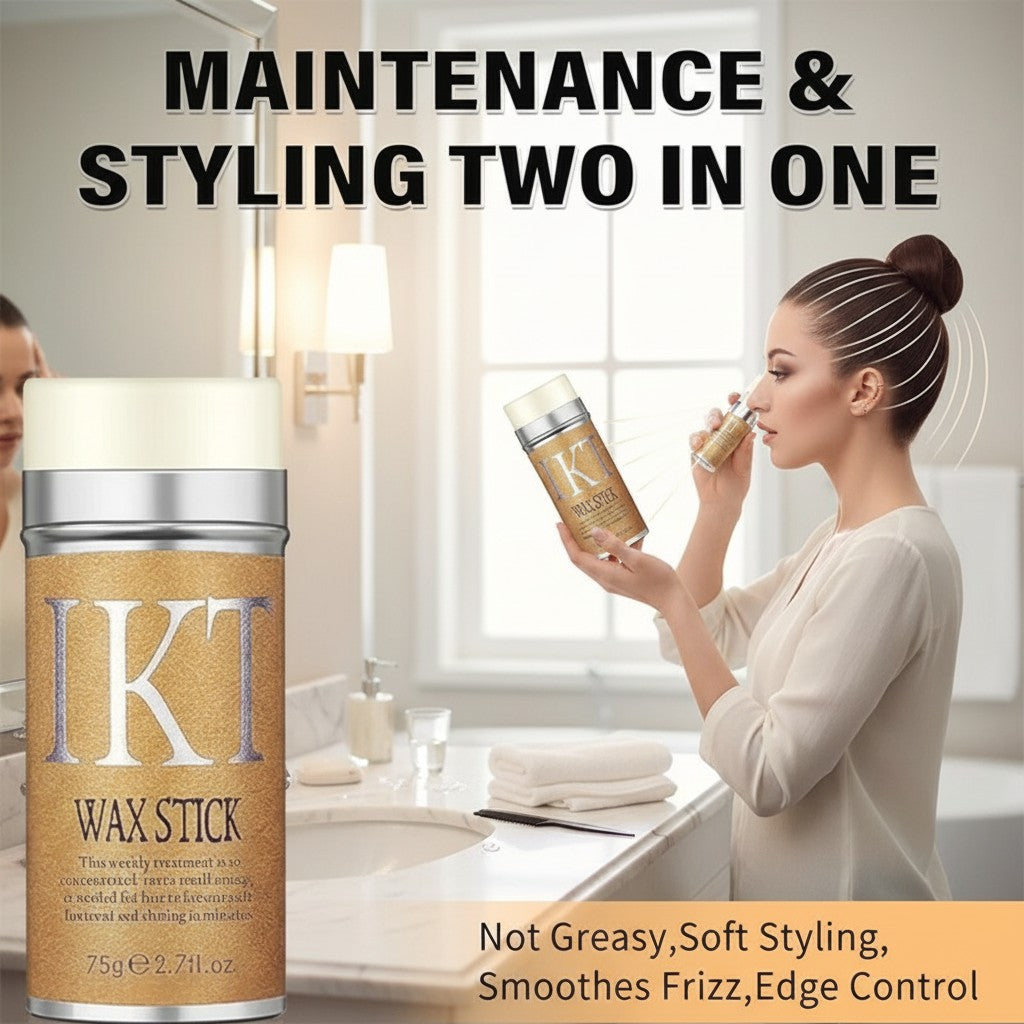 Nova Mart IKT hair wax stick for frizz control and sleek styling, shown with a woman using it for a polished bun.