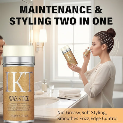 Nova Mart IKT hair wax stick for frizz control and sleek styling, shown with a woman using it for a polished bun.