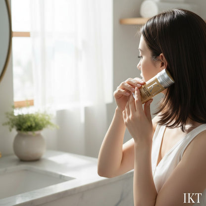 Nova Mart IKT hair wax stick being applied by a woman in a bright bathroom for smooth frizz-free styling