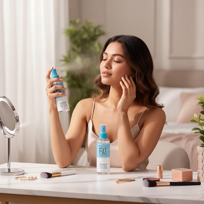 Nova Mart Kiss Beauty hydrating makeup setting spray being applied by a woman at a vanity for a 24-hour matte finish