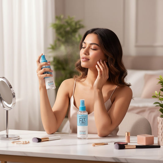 Nova Mart Kiss Beauty hydrating makeup setting spray being applied by a woman at a vanity for a 24-hour matte finish