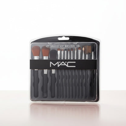 Nova Mart Mac Beauty 12-piece black professional makeup brush set with synthetic bristles in clear plastic packaging.
