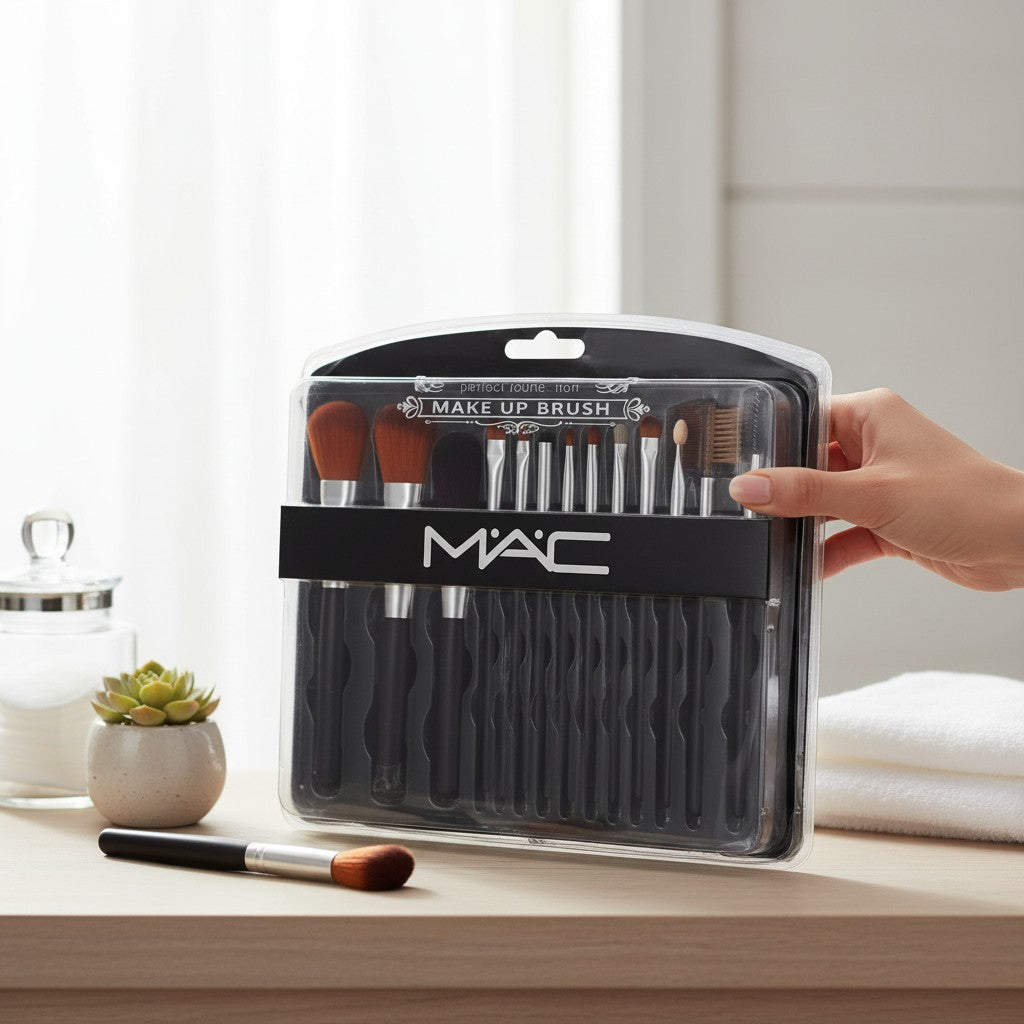 Nova Mart Mac Beauty 12-piece professional makeup brush set with black handles and soft synthetic bristles in packaging